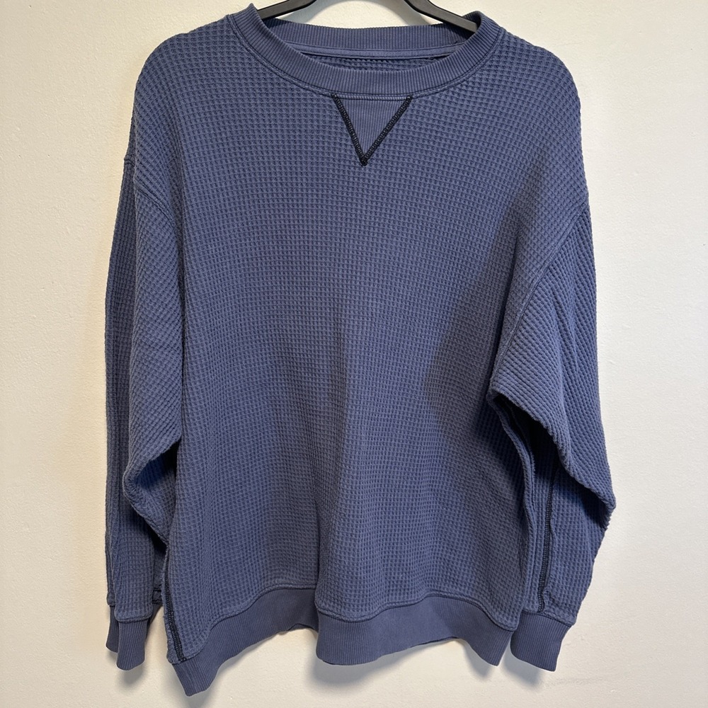 Aerie Waffle Knit Pullover Sweater Blue Size Medium Women's Long Sleeve